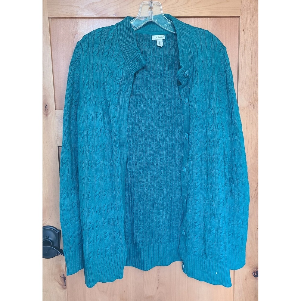 L.L. Bean 100% Cotton Cable Knit Teal Blue Cardigan MEDIUM Sweater Heritage M - Picture 3 of 10
